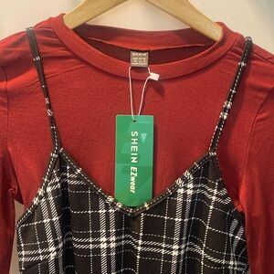 EZwear solid top plaid print cami dress